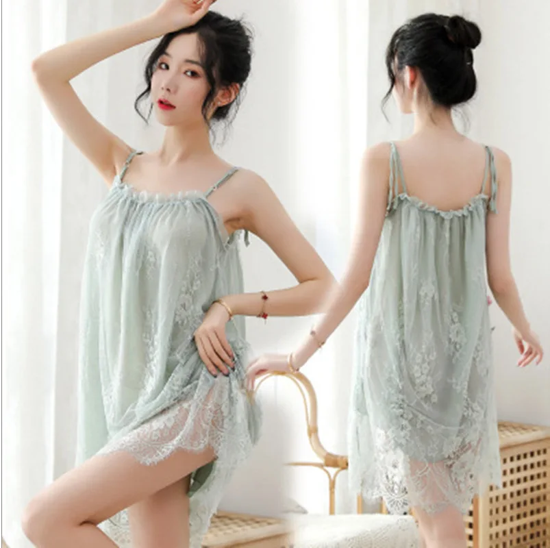 

90kg Plus size Pajamas for Women Sexy Lace Spaghetti Strap Dress Nightgown Sleepwear Nightie Femme robe ropa mujer moda 2021