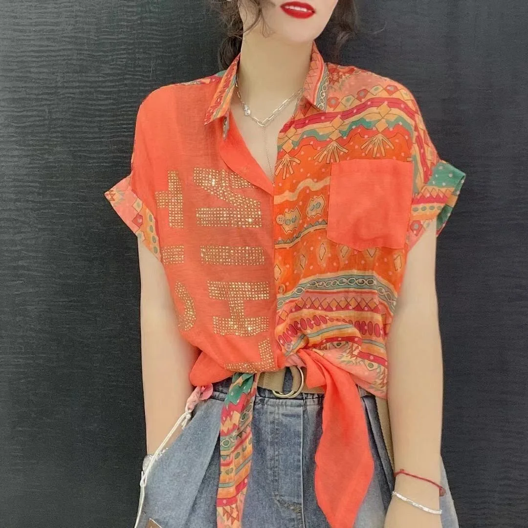 

Women's Blouses and Shirts summer loose printing T-shirt color matching letters chiffon shirt dress joker jacket short sleeves