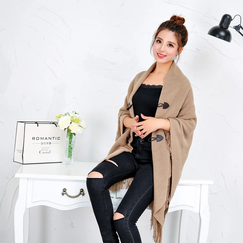 2020 Winter Loose Kimono Cardigan Women Long Sleeveless Cap Poncho Solid Color Magic Shawl Knitted Sweater With Button Plus Size |