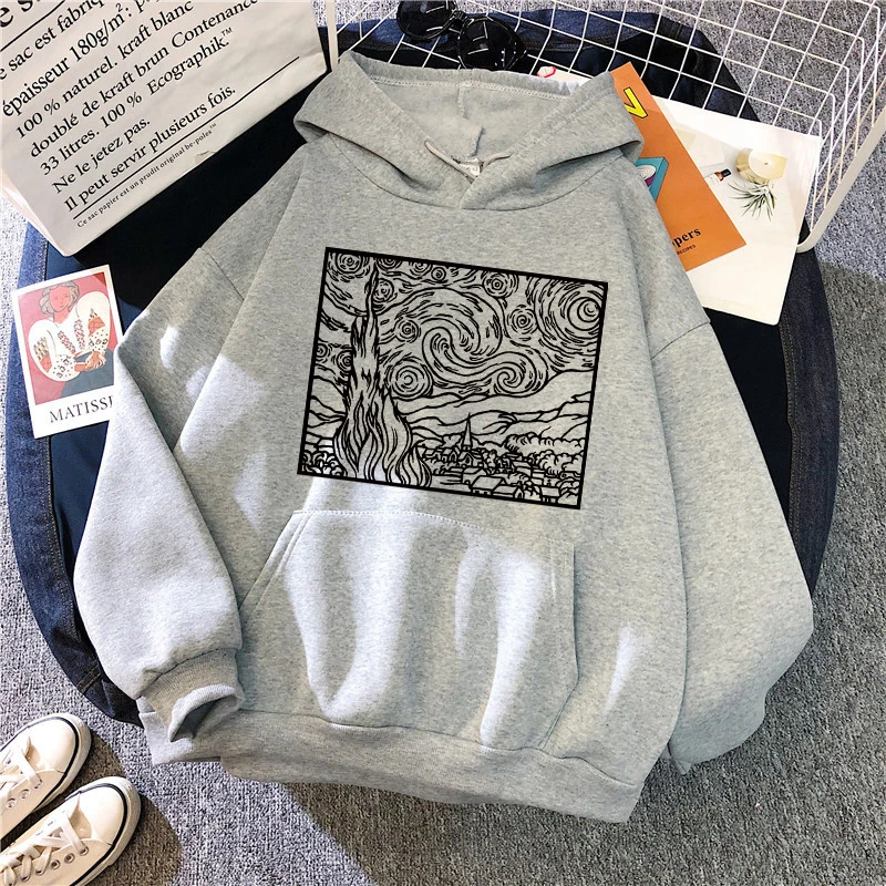

Art oil painting Print Women Sweatshirt Vintage Hoodies Gray Warm Fleece Pullovers 2021 Autumn New Casual Streetwear Ladies