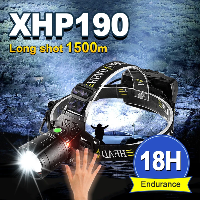 Actualice XHP190 Potente faro LED de 76W 18650 USB Linterna de cabeza recargable XHP90 Sensor de faro Lámpara de cabeza Linterna de camping