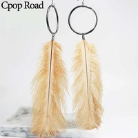 cpop big long feather earrings personality fashion jewelry circle pendant dangle earring feather jewelry women accessories gift