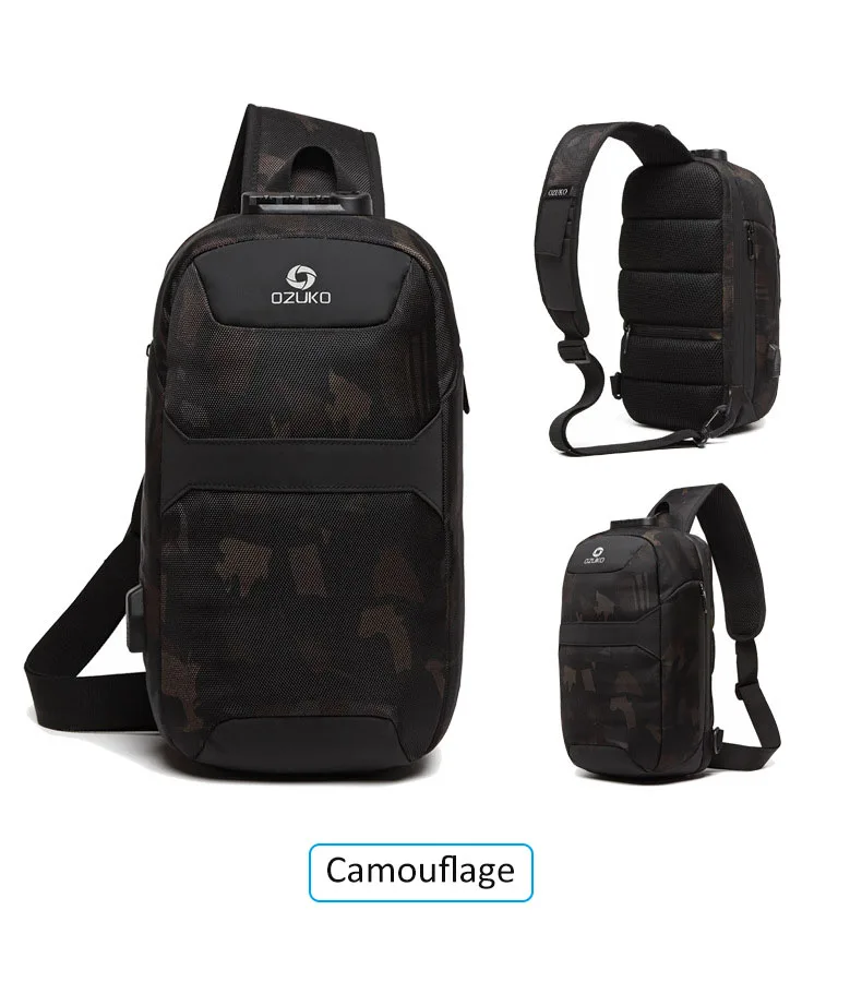 OZUKO Men's Messenger Bag Antitheft Waterproof USB Recharging Shoulder Crossbody Bags Chest Pack Male Sling Bag for Short Trip