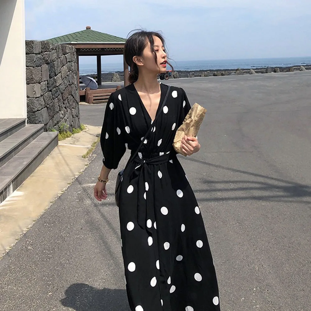 

Korean Polka Dots Vintage Long Dress Women V-Neck Print High Waist Ladies Holiday Travel Summer Autumn Long Sleeve Maxi Dresses