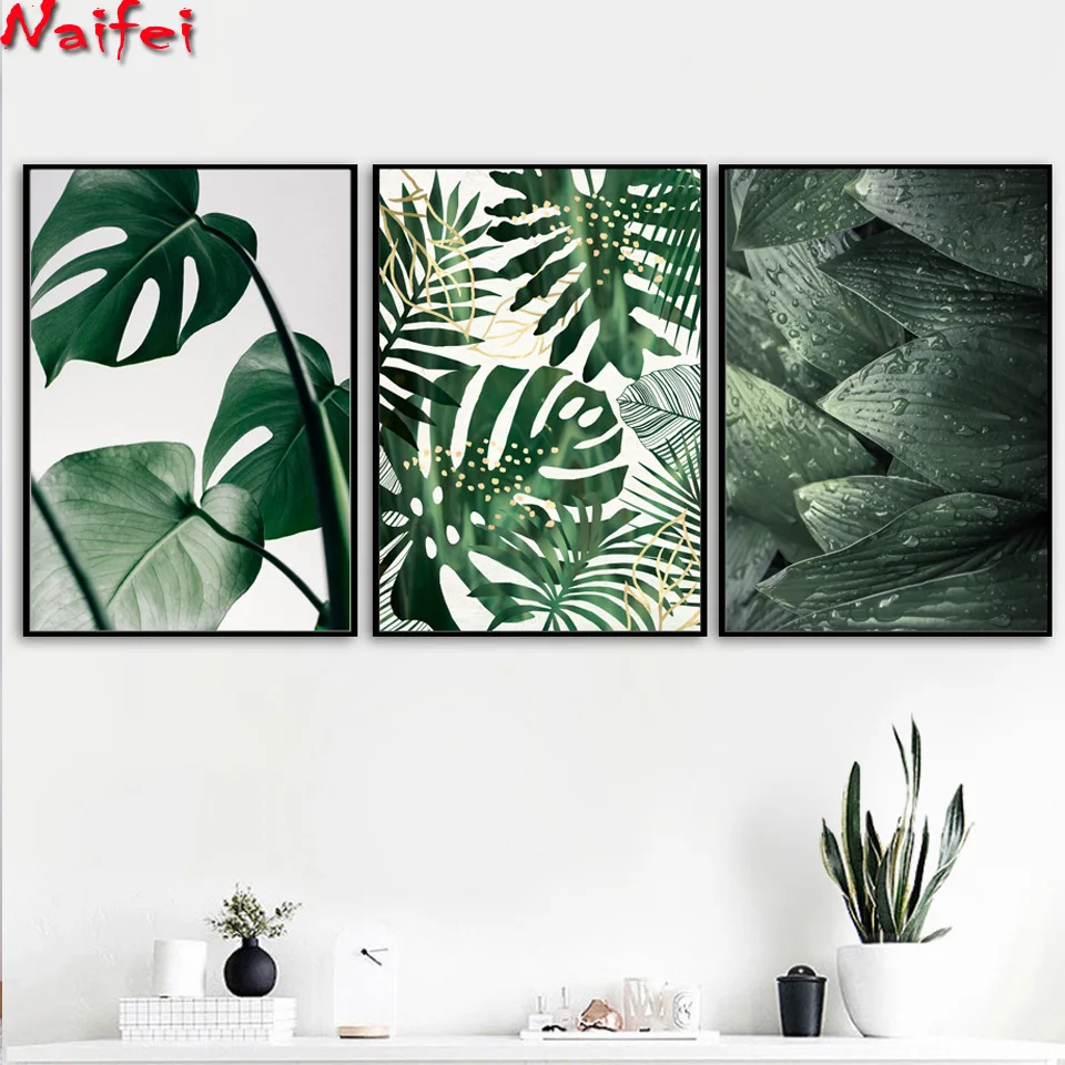 

3 pcs DIY Square round Diamond Painting Green Big Leaves Diamond Embroidery Tropical Plants Complete Kit Home Decor Triptych
