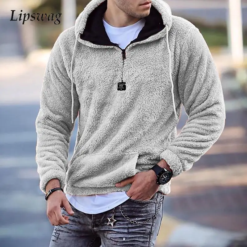 

Casual Mens Fashion Woolen Fleece Hoodies Solid Long Sleeve Hooded Sweatshirt For Men Winter Warm Loose Drawstring Autumn Hoodie