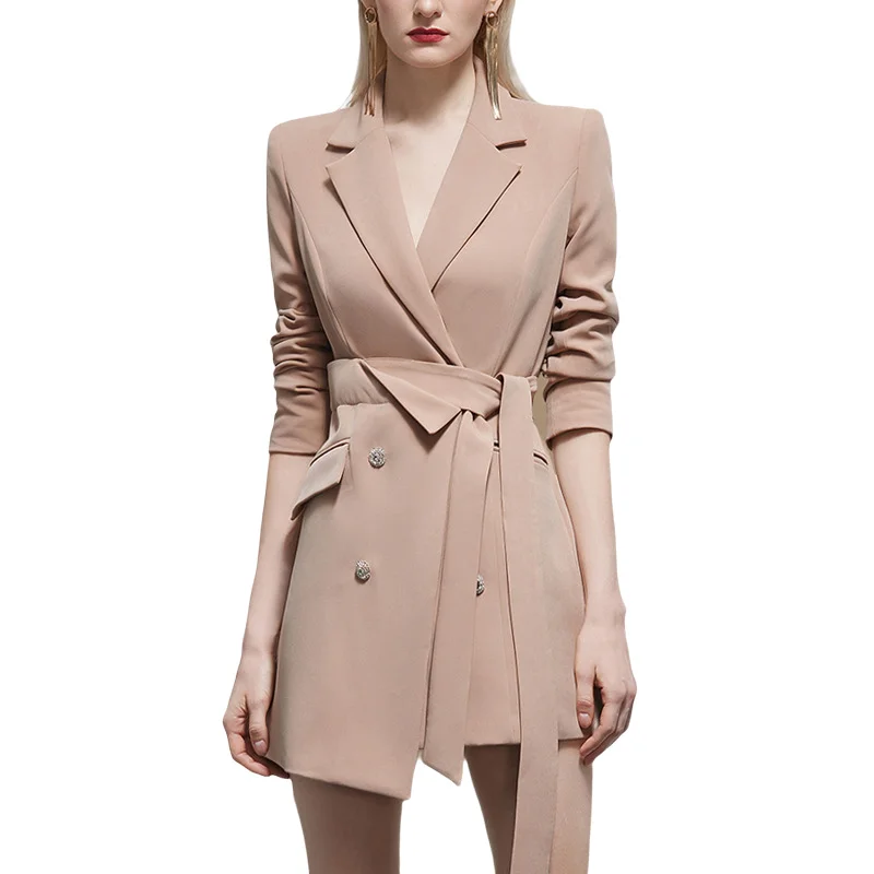 

Women's Sets Suit Blazer Dresses Office Lady Slim Belt Top Elegant Buttons Double Breasted Long Sleeve Khaki 2021 New