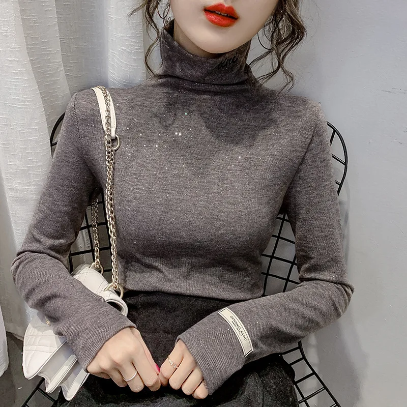 

New bright spring 2020 French double sided cashmere high neck embroidered slim bottomed T-Shirt Top