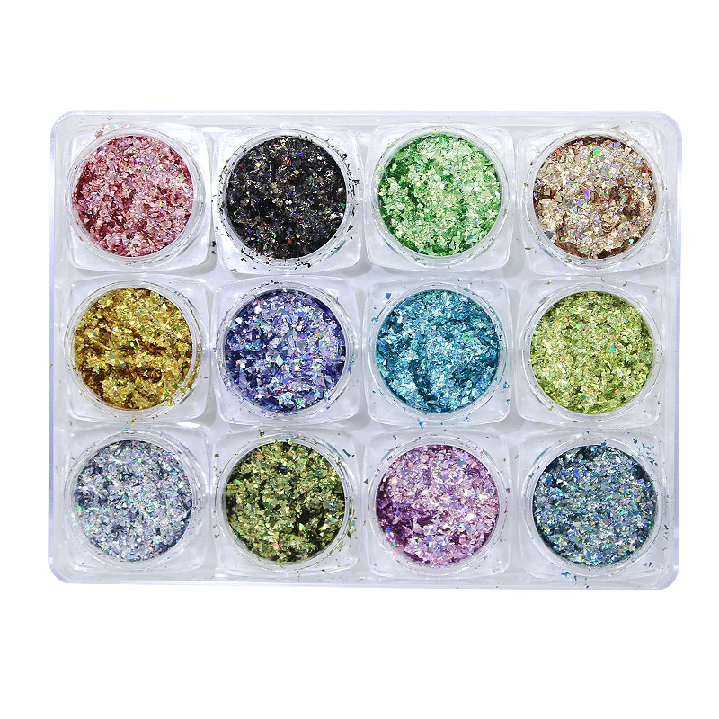 

1 set/ 12 boxes Ultra-thin Galaxy Holographic Holo Nail Flakes Shining Rinbow Laser Nail Art Glitter Sequins Holographic Powder