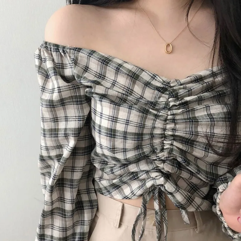 

Harajuku Cotton Women Blouse V-neck Drawstring Short Shirt Long Sleeve Fashion Female Autumn Plaid Blouses Shirts