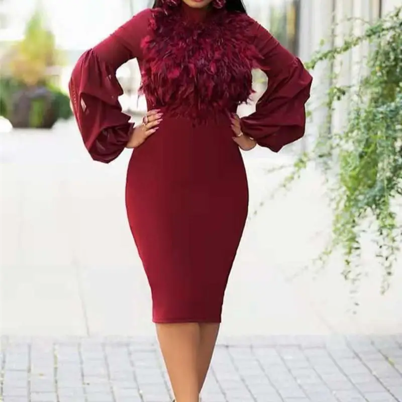 2019 осеннее Длинное Платье женское с буфами рукавом перо вечерние платья зимние