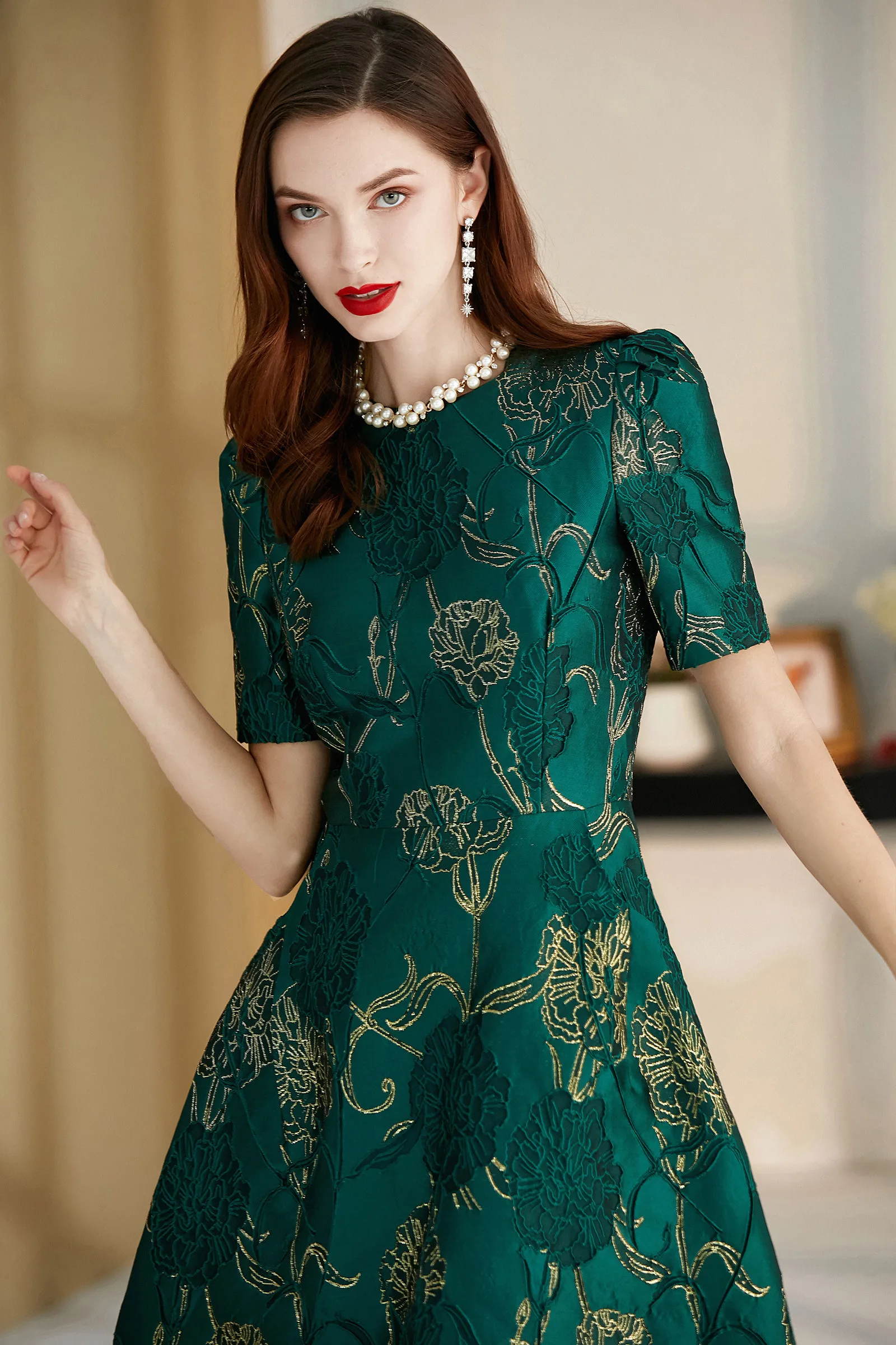 Quality Women short Sleeve Maxi summer Dress Elegant Boho Floral Jacquard Dress Fashion Party Long Autumn Dress