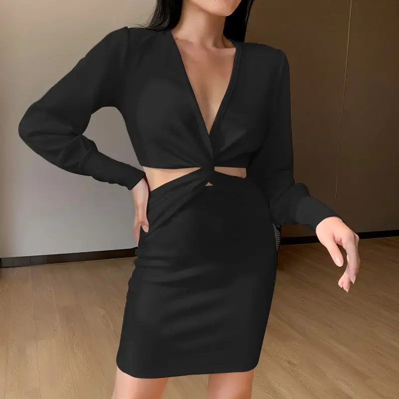 

Spring Autumn Women French New Retro Deep V Collar Puff Sleeve Sexy Dress Twisted Hollow Out Short Slim Mini Dresses 2021 Y753