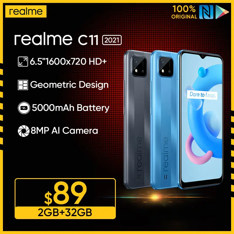 Смартфон realme C11 2021 2 Гб ОЗУ 32 ПЗУ HD + большой экран 6 5 дюйма 5000 мАч долгий срок службы