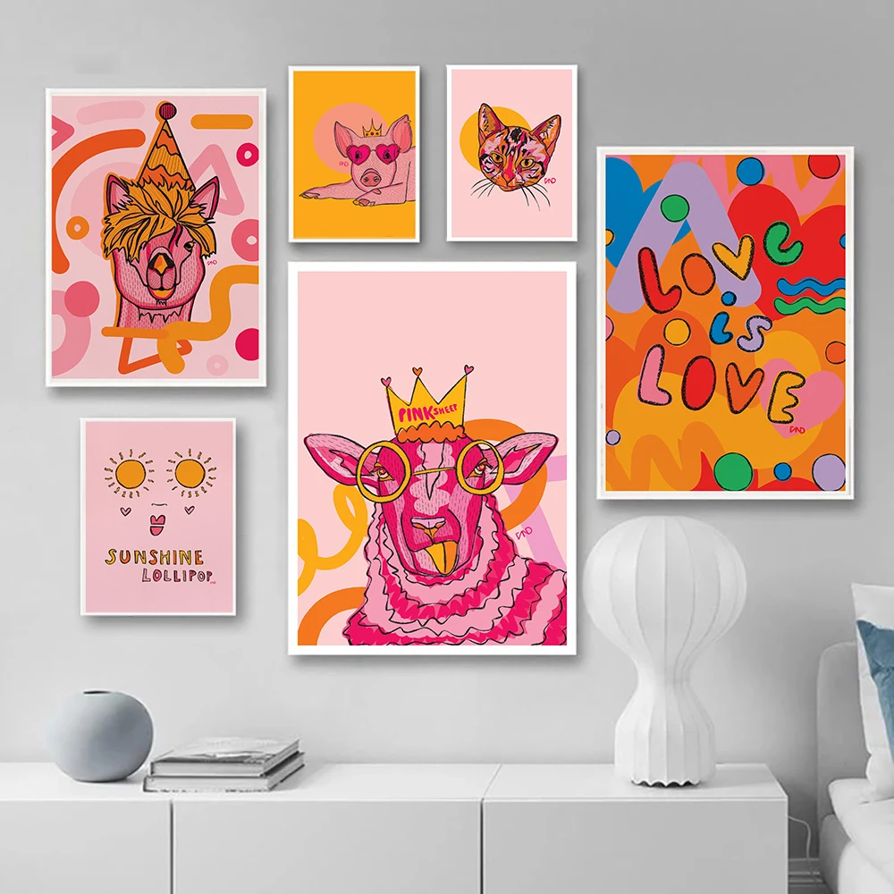 

Party Alpaca Pig Sheep Art Print Colourful Canvas Painting Octopus Worms Poster Funny Sunshine Pride Wall Picture Kid Room Decor