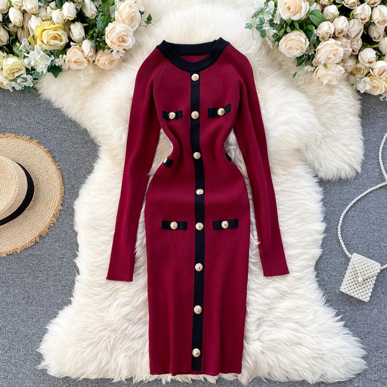 

Teeuiear Vintage Slim button patchwork Autumn Bodycon Knitted Sweater short Dress Winter Party dress Women elastic club dress