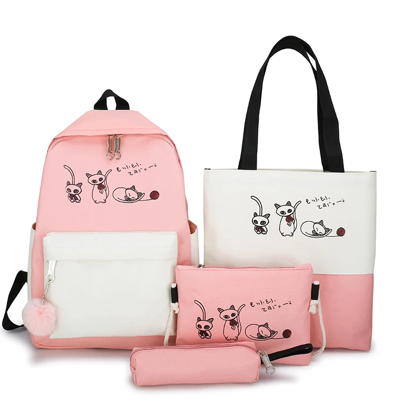 4Pcs/Set Travel Casual Oxford Letter Backpack Preppy Style Cute School Bags For Teenage Girls Women Cat Book Bag Rucksack Dame - Цвет: Pink-P