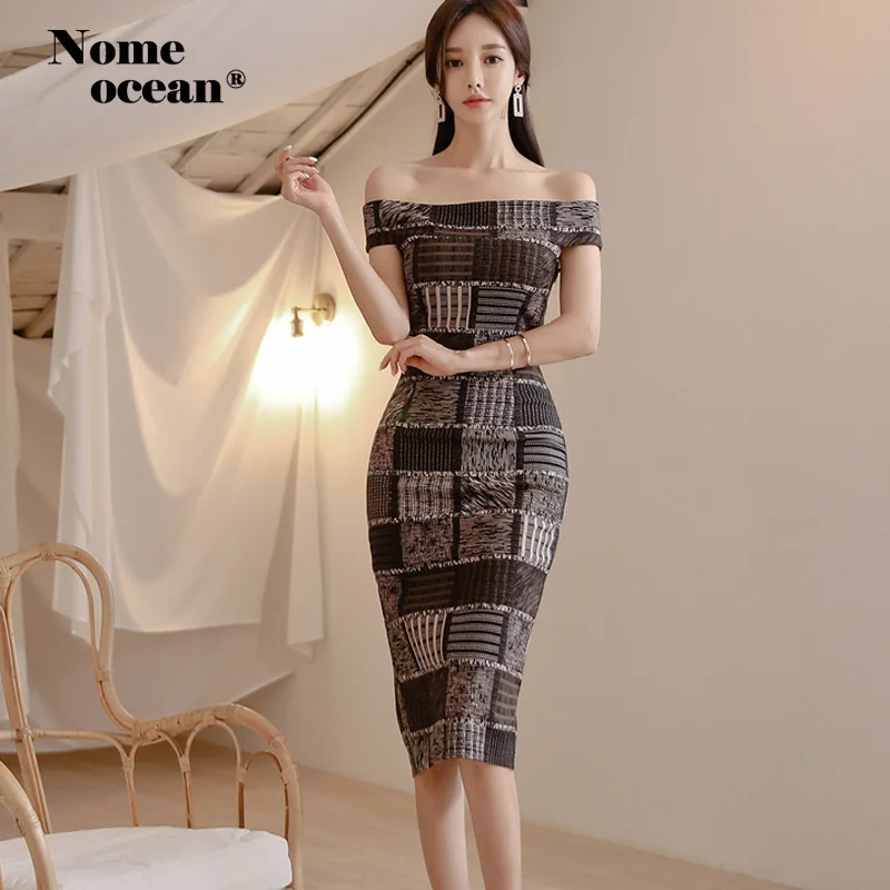 Полосатые и клетчатые Лоскутные женские миди платья с открытыми плечами