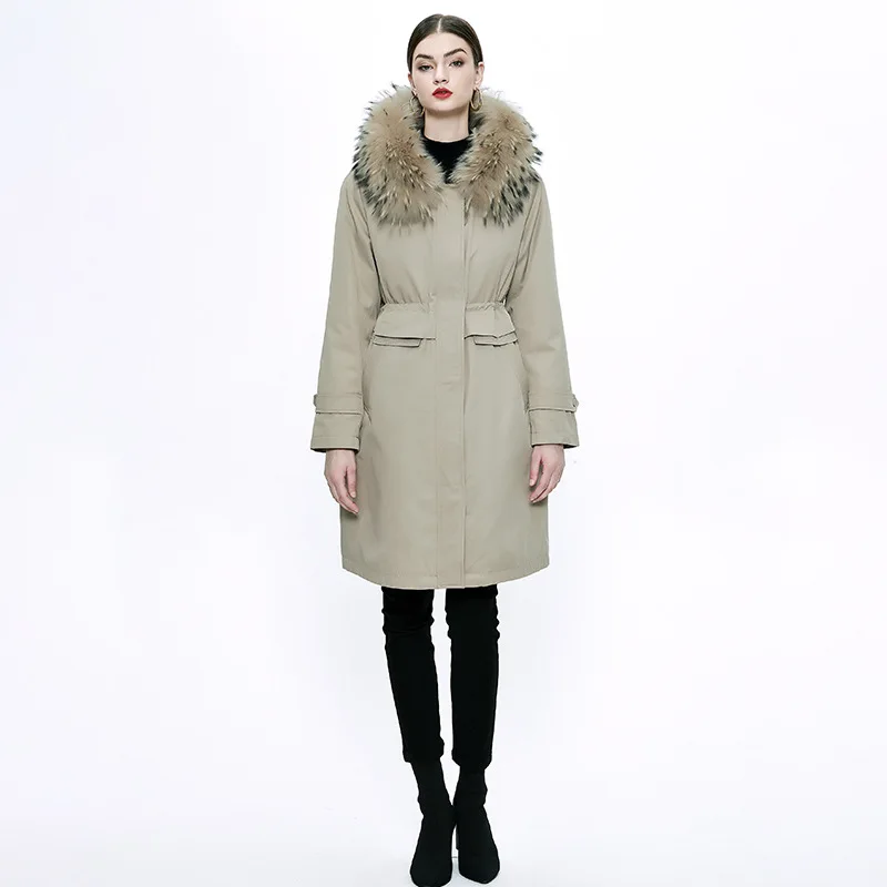 

Large Raccoon fox Fur Collar Hooded Down Jacket detachable Women's X-Long beige ​Duck Feather Coat Windproof Waterproof Overcome