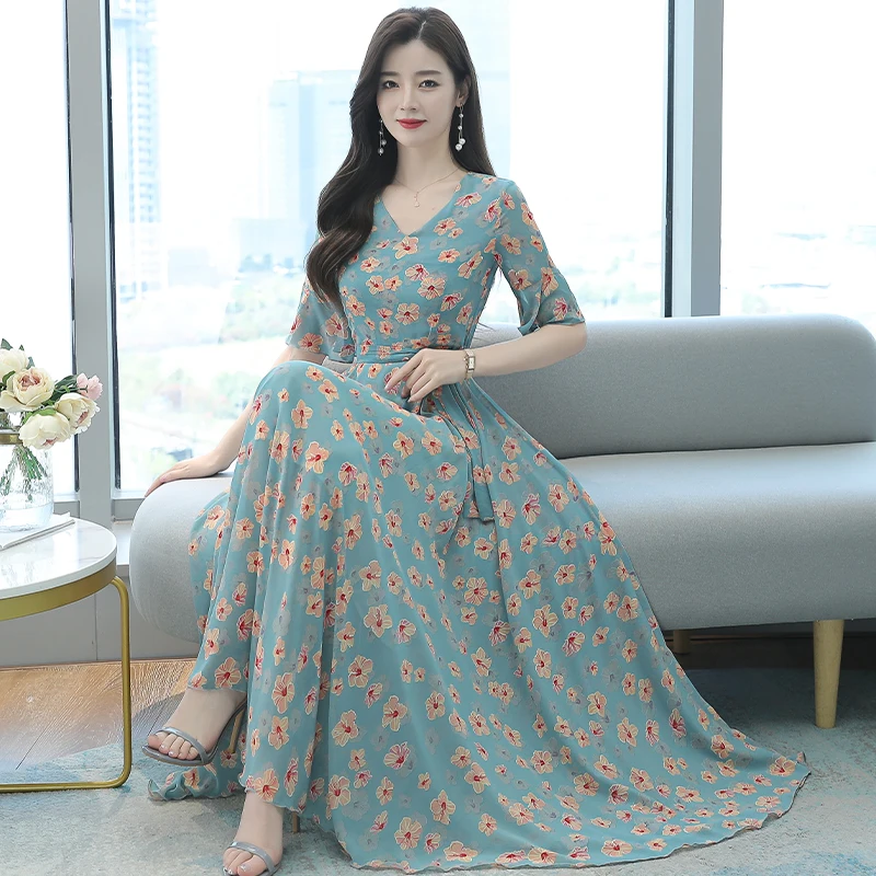 

New summer collect waist show high show thin posed printed fairy long short-sleeved dress to restore ancient ways big yards