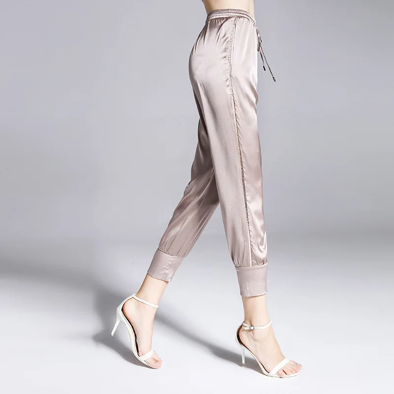 Mulberry Silk pants women's 2021 spring and summer new Capris high waist drawstring slim silk pants women summer 190310