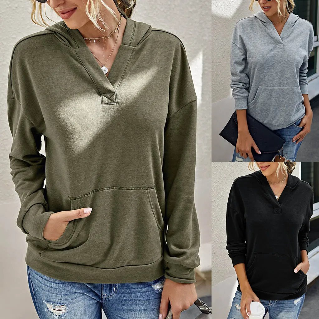 

JAYCOSIN Hoodies Lady Autumn Fashion Tops Women Fashion casual O-neck Solid Color Hood Pocket Long Sleeves Sweater Tops hoodies