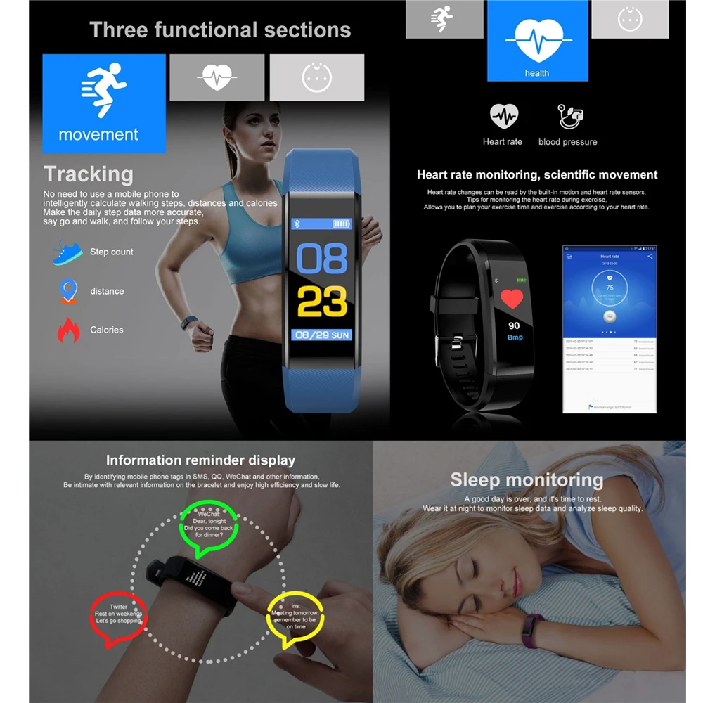 2019 Bluetooth Смарт браслет Цветной дисплей водонепроницаемый спортивный кровяное