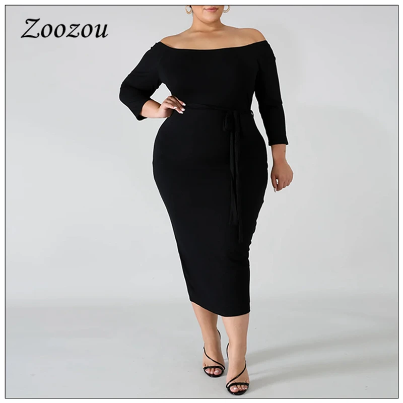 

Off Shoulder Bodycon Women Dress Plus Size 4XL Long Sleeve Mid Calf Ladies Dress Black Autumn Tie Waist Elegant Midi Dresses New