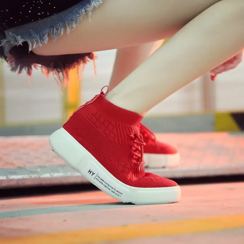 Скидка Женская обувь на плоской платформе Модные женские кроссовки с высоким