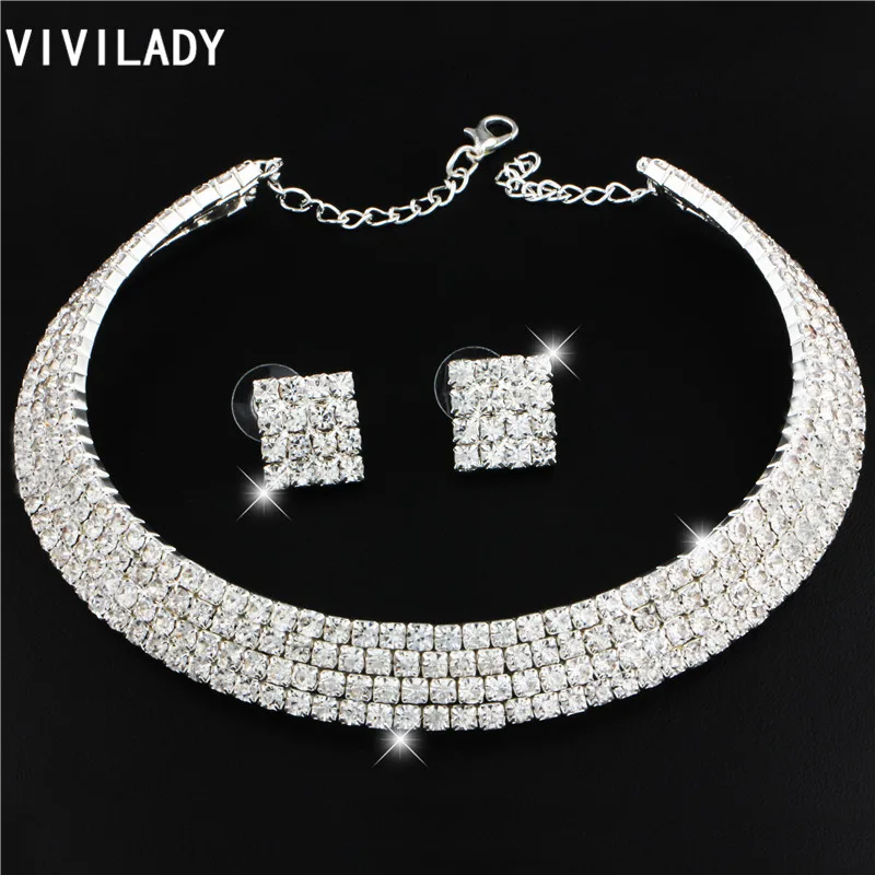 VIVILADY Fashion Crystal Statement Chokers Jewelry Sets Women Silver Color Rhinestone Layers Bijoux Accessory Lady Wedding Gift | Украшения