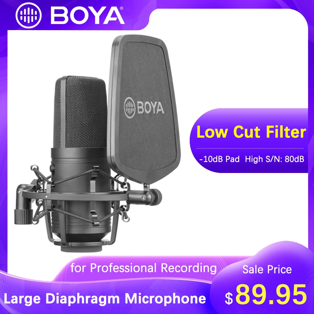 

Микрофон BOYA BY-M800 с большой диафрагмой, кардиоидный конденсаторный микрофон с низким фильтром для вокального инструмента, гитары, пианино, с...