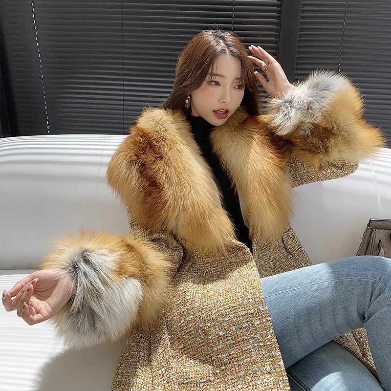 Stylish Big Fox Fur Collar Long Real Fur Coats Korean Style Pockets Belted Tweed Coat Loose Winter Warm Elegant Women Clothing enlarge