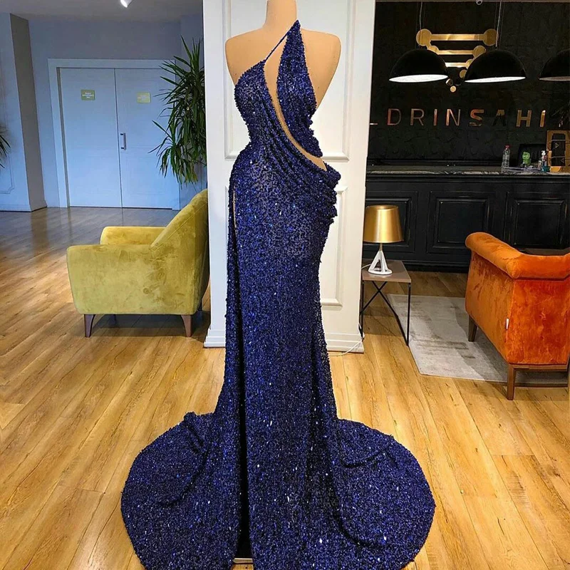 

Bling Bling Purple Prom Dresses Sexy One Shoulder Sequined Mermaid Side Split Evening Gowns Sweep Train Formal Party Robes
