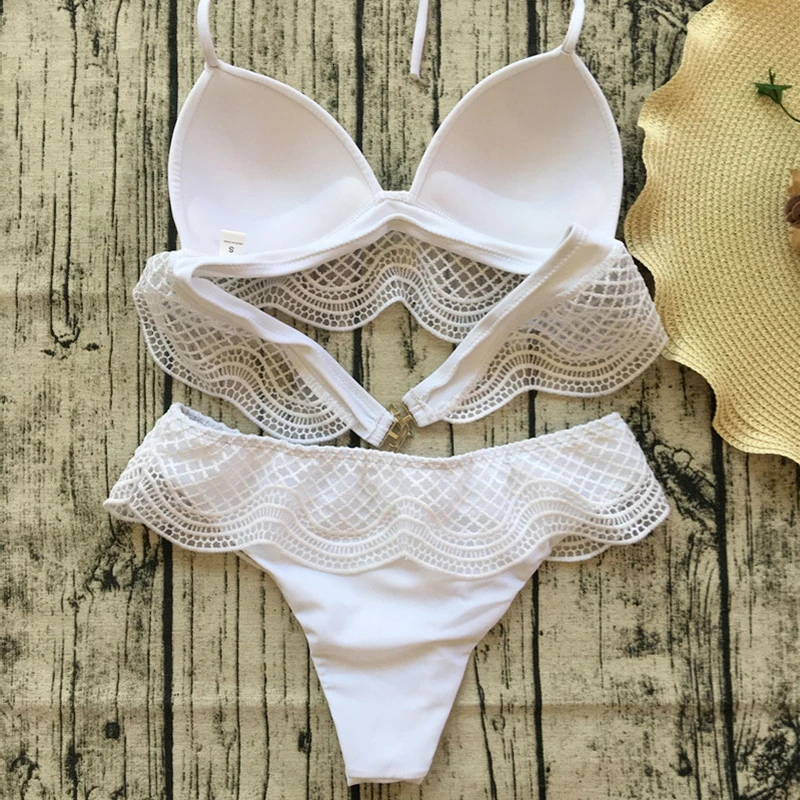 Solid Push Up Bikinis Sexy Lace Patchwork Bikini Set Bathing Suit Low Waist Bandage Swimwear Print Beachwear Female Swimsuit |