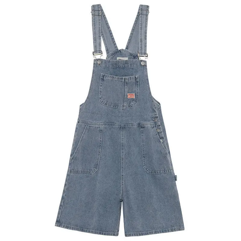 

Women Rompers Denim Blue Pockets Loose Wide Leg Simple Overalls Students Streetwear Playsuits Korean Style Fashion Vintage Retro