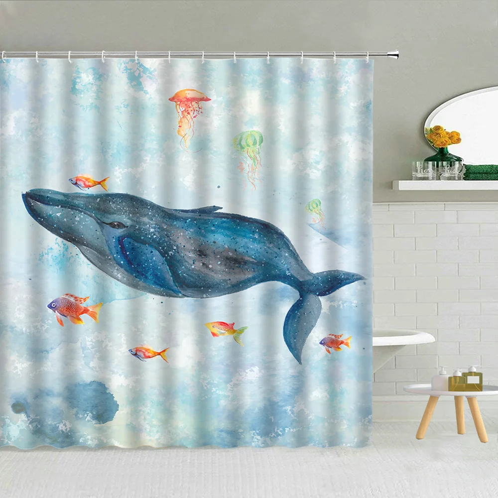 Funny Cartoon Ocean Animal Shower Curtain Dolphin Fish Jellyfish Octopus Whale Shark Crab Creative Bathroom Home Decor Curtains | Дом и сад
