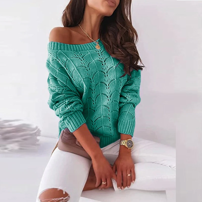 

2021 Autumn New Fashion Sweater Women Hollow Bat Sleeve Casual Loose Solid Pullover Office Lady Elegant O-neck Long Sleeve Top