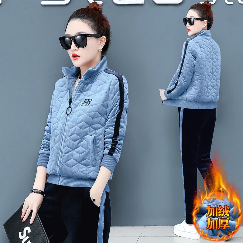 Женский бархатный костюм двойка Модный комплект из куртки и брюк большого