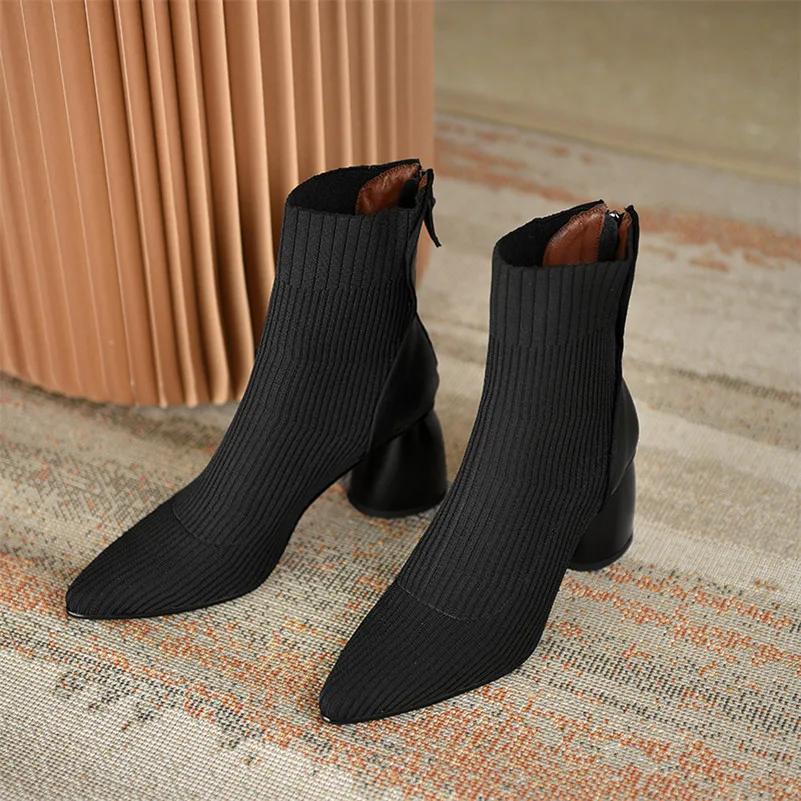 

ANNYMOLI Women Ankle Boots Shoes Genuine Leather High Heel Lady Boots Pointed Toe Zipper Block Heels Short Boots Autumn Winter