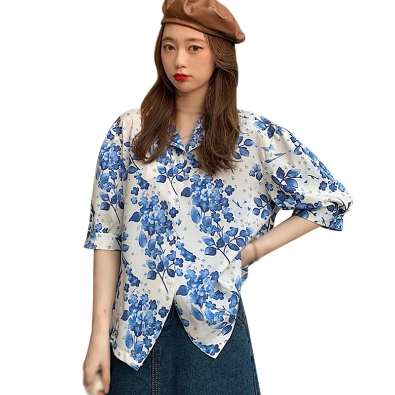 

Женская шифоновая блузка с цветочным принтом, Повседневная Свободная рубашка с отложным воротником и коротким рукавом, лето 2021