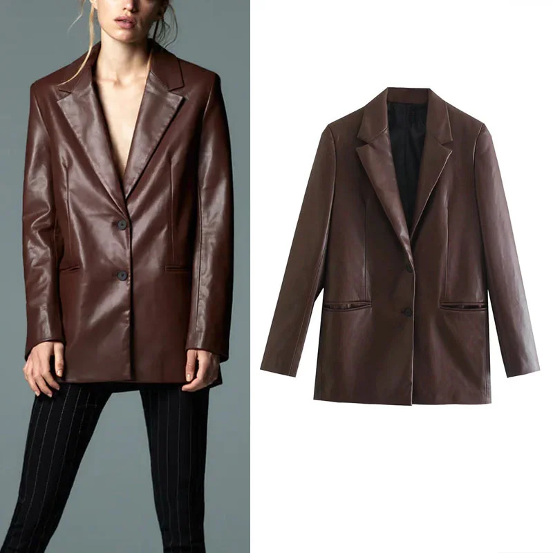 

Женский блейзер из искусственной кожи Za, куртка на пуговицах с отложным воротником, длинным рукавом и карманами, осень 2021