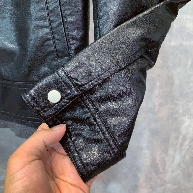 Men Stand Collar Biker Real Leather Jacket Winter Sashes Slim Short Casual Coat Street Motorcycle Black Outerwear M-3XL | Мужская одежда