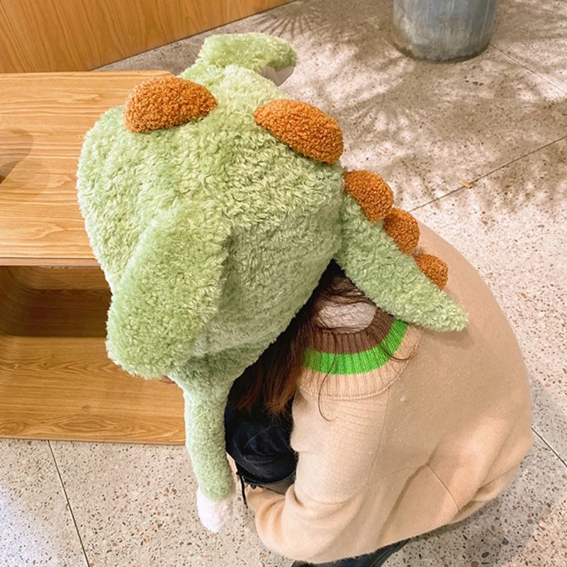 

Women Winter Fluffy Plush Hoodie Scarf Hat with Moving Jumping Ears Funny Cartoon Dinosaur Toy Thicken Warm Earflap Cap M7DD