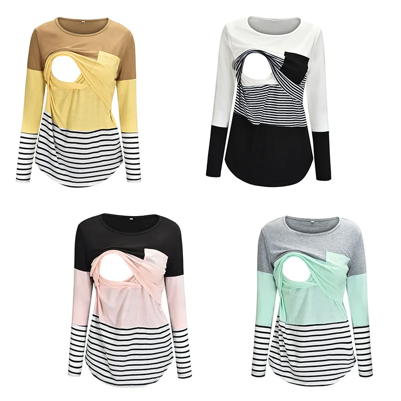 

1Pcs Long Sleeves Stripe Splicing Breast-feeding Top S/M/L/XL/XXL Pregnant Supplies 4 Colors Cotton Women Nursing T-Shirt