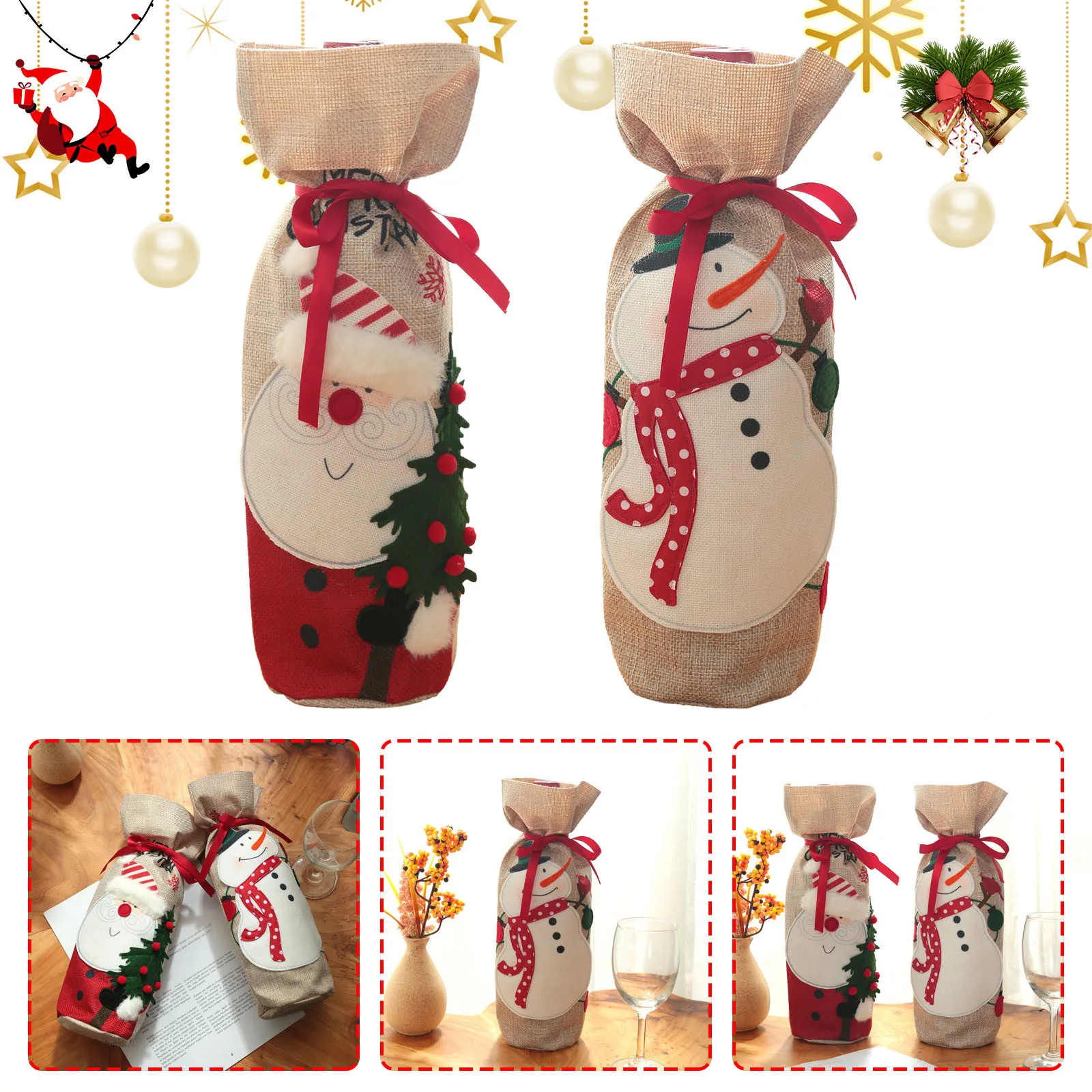

Christmas Decoration Linen Embroidery Snowman Old Man Wine Set Christmas Hotel Restaurant Home Wine Bottle Set