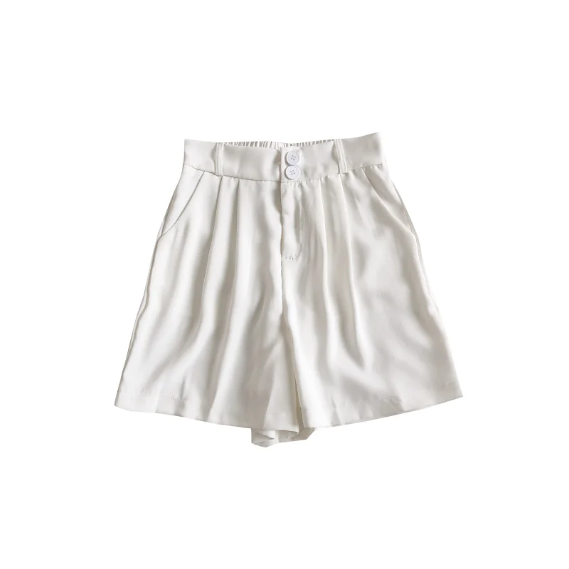 

LY VAREY LIN New Summer Women Casual Solid Color High Waist Shorts Office Lady Fashion Buttons Elastic Waist Wide Leg Shorts