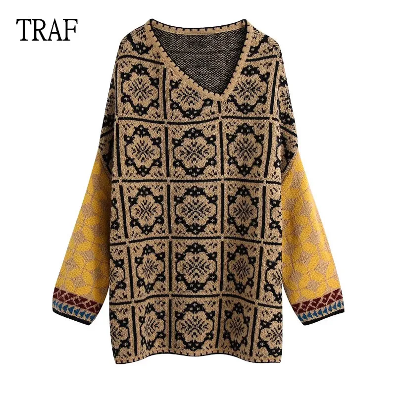 

TRAF Woman 2021 Vintage Jacquard Loose Sweater Oversized Knitted Women Pullovers Asymmetric Collar Long Sleeve Female Jumper