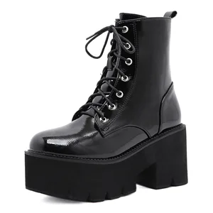 Woman Autumn Boots Womens Ladies Chunky Wedge Platform Black Patent Leather Ankle Boots Punk Goth  Sexy Heel Boots Botas Mujer