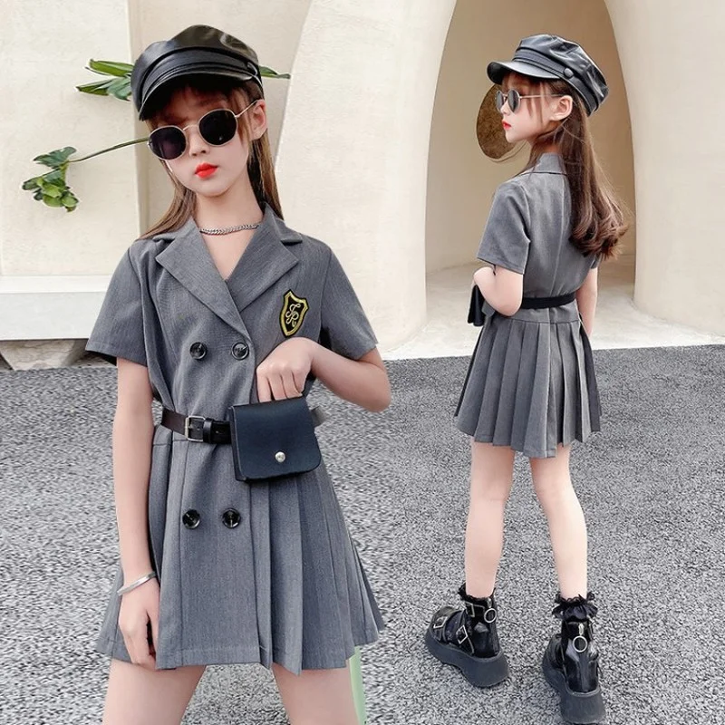 

Платье с вырезом для девочки, костюм с сумкой, двубортная школьная юбка, одежда для маленьких девочек, платья с коротким рукавом для студент...