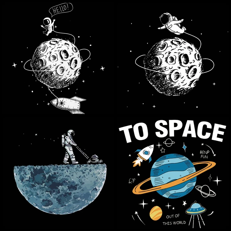 

Cartoon Earth Astronaut Heat Thermal Vinyl Transfer Patches Iron On Transfers for Clothing Space Thermal Stickers Appliques